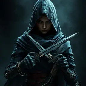 Full body portrait of a Veiled female Assassin with daggers, Highly Detailed, Dark Souls, Volumetric Lighting, Fantasy, Threatening