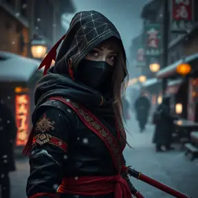 Mysterious beautiful white kunoichi ninja wearing black, red and gold in the streets of a dark snowy town in russia, Intricate Details, Bokeh effect, Photo Realistic, Volumetric Lighting
