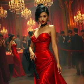 A dangerously armed asian feme fatale in silk red dress at a masquerade ball, Cybernatic and Sci-Fi, Cyberpunk, Sci-Fi by Stefan Kostic