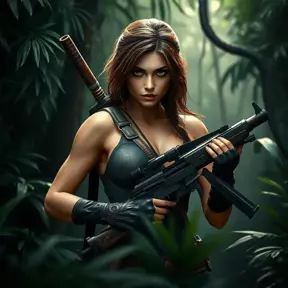 Full body portrait of a beautiful armed Lara Croft in the jungle, Highly Detailed, Intricate, Sharp Focus, Volumetric Lighting, Fantasy, Elegant, Threatening by Stefan Kostic