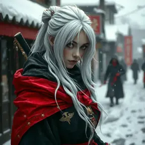 Mysterious beautiful white kunoichi ninja wearing black, red and gold in the streets of a dark snowy town in russia, Intricate Details, White Hair, Photo Realistic by Greg Rutkowski