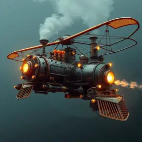 A futuristic hybrid of a steam engine train and a DaVinci flying machine, Steampunk