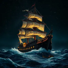 Close up of a Pirate Ship in rough seas on a dark starry night, Intricate, Ultra Detailed, Symmetry, Beautiful, Sharp Focus, Astrophotography, Centered, Volumetric Lighting by Stanley Artgerm Lau