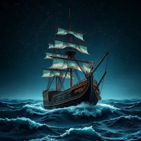 Close up of a Pirate Ship in rough seas on a dark starry night, Intricate, Ultra Detailed, Symmetry, Beautiful, Sharp Focus, Astrophotography, Centered, Volumetric Lighting by Stanley Artgerm Lau