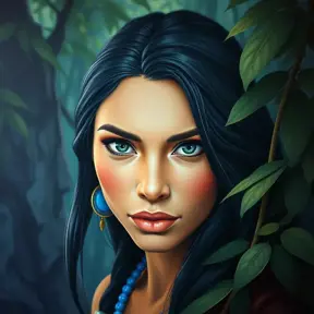Matte portrait of Disney's Pocohontas in a jungle, Ultra Detailed, Half Body, Beautiful, Matte Painting, Sharp Focus, Portrait, Fantasy by Stefan Kostic