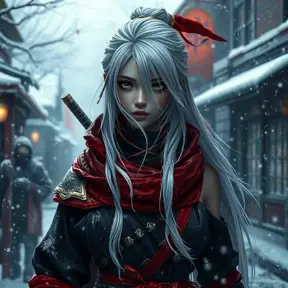 Mysterious beautiful white kunoichi ninja wearing black, red and gold in the streets of a dark snowy town in russia, 8k, Intricate Details, Trending on Artstation, White Hair by Greg Rutkowski