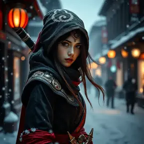 Mysterious beautiful white kunoichi ninja wearing black, red and gold in the streets of a dark snowy town in russia, Intricate Details, Bokeh effect, Photo Realistic, Volumetric Lighting