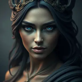Matte portrait of the beautiful Artemis in dark blue, Highly Detailed, Intricate, Realistic, Sharp Focus, Volumetric Lighting, Fantasy, Elegant by WLOP