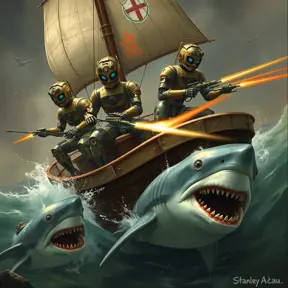 Six robots on a boat with harpoons, battling sharks with lasers strapped to their heads, Highly Detailed, Steampunk by Stanley Artgerm Lau