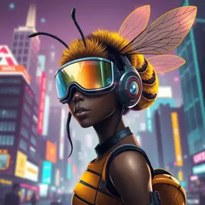 A Cyberpunk half bee and half Human girl with vizor, Afrofuturism, Cybernatic and Sci-Fi, Cityscape, Bloom light effect, Colorful, Ecstatic, Exciting, Joyful