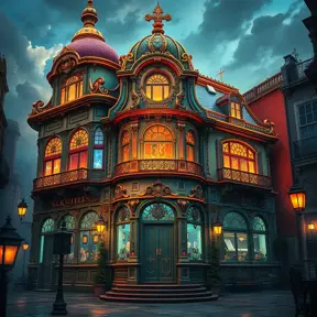 art nuveau exterior fantasy colorful building office space futuristic rococco baroques victorian, Highly Detailed, Masterpiece, Vintage Illustration, Cinematic Lighting, Photo Realistic, Digital Art by Stefan Kostic