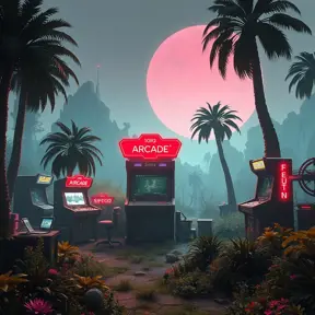 80s futuristic outdoor retro arcade, desolate, lush vegetation, Highly Detailed, Intricate, Artstation, Sharp Focus, Smooth, Octane Render, Centered, Dynamic, Elegant by Beeple, Justin Gerard, James Gilleard, Simon Stalenhag