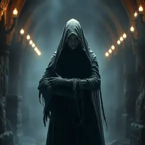 Full body portrait of a beautiful veiled armed female wraith in a dungeon, Gothic and Fantasy, Volumetric Lighting, Fantasy, Threatening by Greg Rutkowski