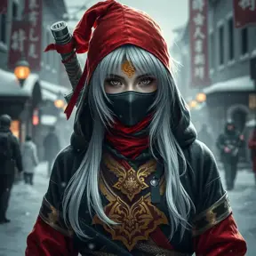 Mysterious beautiful white kunoichi ninja wearing black, red and gold in the streets of a dark snowy town in russia, 8k, Intricate Details, Trending on Artstation, White Hair