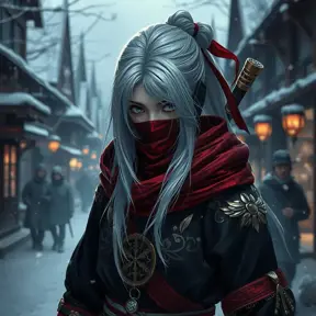 Mysterious beautiful white kunoichi ninja wearing black, red and gold in the streets of a dark snowy town in russia, 8k, Intricate Details, Trending on Artstation, White Hair by Greg Rutkowski