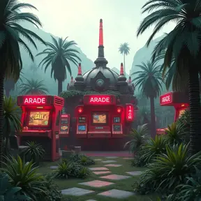 80s futuristic outdoor retro arcade, desolate, lush vegetation, Highly Detailed, Intricate, Artstation, Sharp Focus, Smooth, Octane Render, Centered, Dynamic, Elegant by Beeple, Justin Gerard, James Gilleard, Simon Stalenhag