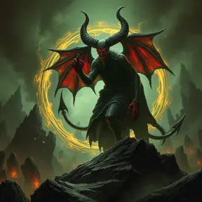 The devil in an Elden ring hellscape, Eldritch, Fantasy, Apocalyptic, Doom, Dreadful, Forbidding, Frightful, Harrowing, Ominous, Shocking, Terrifying, Threatening, Unnerving