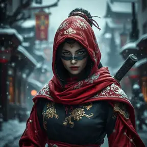 Mysterious beautiful white kunoichi ninja wearing black, red and gold in the streets of a dark snowy town in russia, Intricate Details, Bokeh effect, Photo Realistic, Volumetric Lighting by Greg Rutkowski