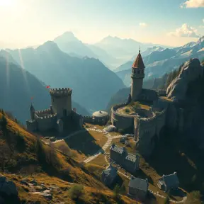 A beautiful medieval castle ruins in the mountains, forgotten valley, wide shot, horizon, sunrays, 4k resolution, Atmospheric, Hyper Detailed, Trending on Artstation, Sunny Day, Golden Hour, Volumetric Lighting, Concept Art, Digital Art, Fantasy by Shinji Aramaki, Posuka Demizu