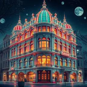 art nuveau exterior fantasy colorful building office space futuristic rococco baroques victorian, Highly Detailed, Masterpiece, Vintage Illustration, Cinematic Lighting, Photo Realistic, Sharp Focus, Smooth, Digital Art, Vector Art, Soft