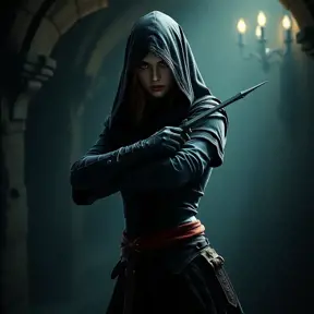 Full body matte portrait of a beautiful veiled armed female Assassin in a dungeon, Gothic and Fantasy, Volumetric Lighting, Fantasy, Threatening by Stefan Kostic