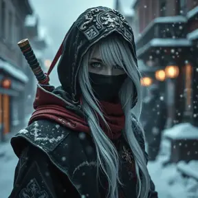 Mysterious beautiful white kunoichi ninja wearing black, red and gold in the streets of a dark snowy town in russia, Intricate Details, White Hair, Photo Realistic by Stefan Kostic