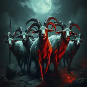 A flock of evil goats monsters, Eldritch, Fantasy, Apocalyptic, Doom, Dreadful, Forbidding, Frightful, Harrowing, Ominous, Shocking, Terrifying, Threatening, Unnerving