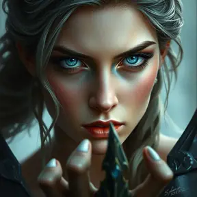 Ariel, blue eyes, Intricate Artwork, Intricate Details, Half Body, Beautiful, Matte Painting, Sharp Focus, Portrait, Fantasy, Threatening by Stefan Kostic