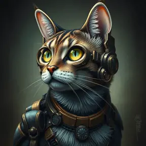 Steampunk portrait of a cat, inspired by future technology, Highly Detailed, Steampunk by Stanley Artgerm Lau
