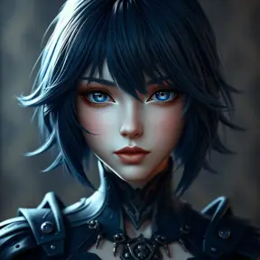 Matte portrait of the beautiful 2B from Nier Automata in dark blue, Highly Detailed, Intricate, Realistic, Sharp Focus, Volumetric Lighting, Fantasy, Elegant