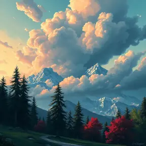 painting of evening sky, low thunder clouds foothpath with trees at indian summer with zugspitze fitz roy in background, colours green, red, blue black and white, acuarela, Highly Detailed, Beautiful, Digital Painting, Anime, Fantasy by Studio Ghibli