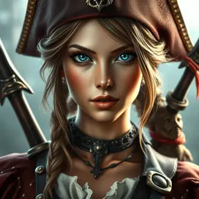 Alluring matte portrait of a beautiful female Pirate, Highly Detailed, Intricate, Half Body, Realistic, Sharp Focus, Volumetric Lighting, Fantasy, Elegant
