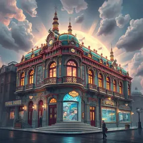 art nuveau exterior fantasy colorful building office space futuristic rococco baroques victorian, Highly Detailed, Masterpiece, Vintage Illustration, Cinematic Lighting, Photo Realistic, Sharp Focus, Smooth, Digital Art, Vector Art, Soft