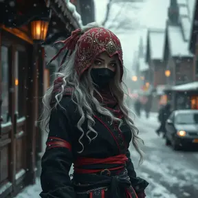 Mysterious beautiful white kunoichi ninja wearing black, red and gold in the streets of a dark snowy town in russia, Intricate Details, Photo Realistic by Greg Rutkowski