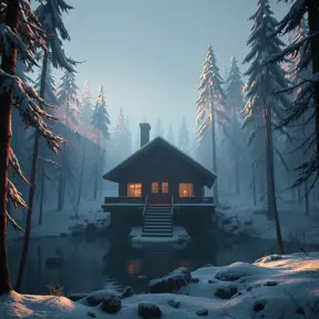 Futuristic cabin in the woods surrounded by a lake in winter, Atmospheric, Highly Detailed, Intricate, Trending on Artstation, Stunning, Realistic, Unreal Engine, Dynamic Lighting, Radiant, Fantasy by Greg Rutkowski