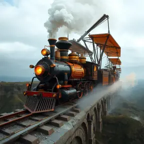 A futuristic hybrid of a steam engine train and a DaVinci flying machine, Steampunk