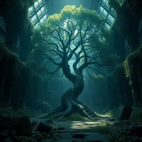A Tree Of Life growing in the middle of overgrown ancient ruins indoors., 4k resolution, Hyper Detailed, Trending on Artstation, Volumetric Lighting, Concept Art, Digital Art, Fantasy, Dark by Greg Rutkowski