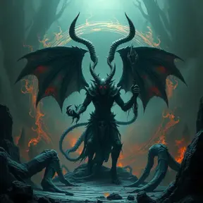 The devil in an Elden ring hellscape, Eldritch, Fantasy, Apocalyptic, Doom, Dreadful, Forbidding, Frightful, Harrowing, Ominous, Shocking, Terrifying, Threatening, Unnerving