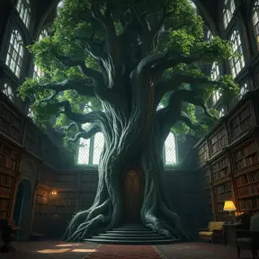 A beautiful giant tree growing in the middle of an ancient victorian library indoors. a door is embedded in the tree, 4k resolution, Hyper Detailed, Pixiv, Trending on Artstation, Vintage Illustration, Hearthstone, Unreal Engine, Volumetric Lighting, Concept Art, Digital Art, Fantasy by Stanley Artgerm Lau, Angela Barrett, WLOP