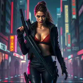 full body shot, armed beautiful woman walking with detailed eyes, dynamic pose, athletic , Cybernatic and Sci-Fi, Cyberpunk, Cityscape, Blade Runner 2049, Neon light effect, Neon, Futurism, Threatening