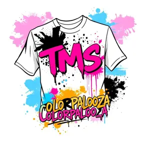 poster graphic for a color run event. On a white t-shirt, with black, pink, blue, orange and purple colors. Text on the shirt should say TMS on top and COLORPALOOZA underneath it. Graffiti feel in a vector style, Poster