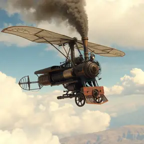 A futuristic hybrid of a steam engine train and a DaVinci flying machine, Steampunk