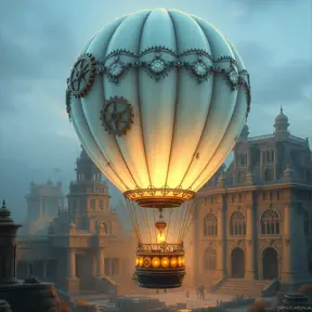 White steampunk hot air balloon with gears, Victorian style Ancient buildings, archeological ruins of lost civilizations and technology, Steampunk, Iridescence by Stanley Artgerm Lau