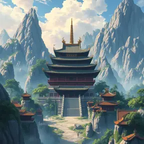 landscape of a large chinese temple in the tall mountains, Highly Detailed, Beautiful, Digital Painting, Anime, Fantasy by Studio Ghibli