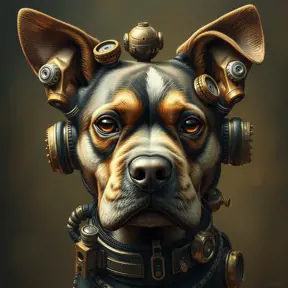 Steampunk portrait of a Dog, inspired by future technology, Highly Detailed, Steampunk by Stanley Artgerm Lau