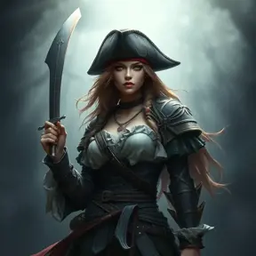 A beautiful female Pirate, Intricate, Half Body, Realistic, Volumetric Lighting, Fantasy, Elegant