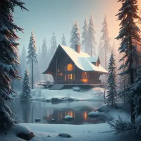 Futuristic cabin in the woods surrounded by a lake in winter, Atmospheric, Highly Detailed, Intricate, Trending on Artstation, Stunning, Realistic, Unreal Engine, Dynamic Lighting, Radiant, Fantasy by Greg Rutkowski