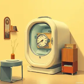 A Time Machine designed by Dieter Rams. stunning industrial design. Natural colors, mid century modern design, Highly Detailed, Hyper Detailed, Vintage Illustration, Sharp Focus, Smooth, Octane Render, Vector Art by Stanley Artgerm Lau