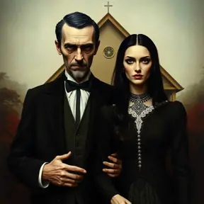 American Gothic with Gomez and Morticia Addams, Intricate Artwork, Intricate Details, Half Body, Beautiful, Matte Painting, Sharp Focus, Portrait, Fantasy, Threatening by Stefan Kostic