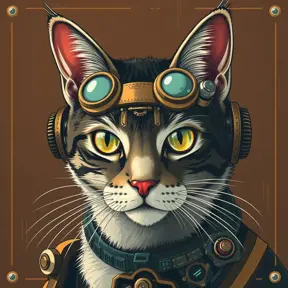 Steampunk portrait of a cat, clean vector, colorful illustration, inspired by future technology, Highly Detailed, Vintage Illustration, Steampunk, Smooth, Vector Art, Colorful by Stanley Artgerm Lau